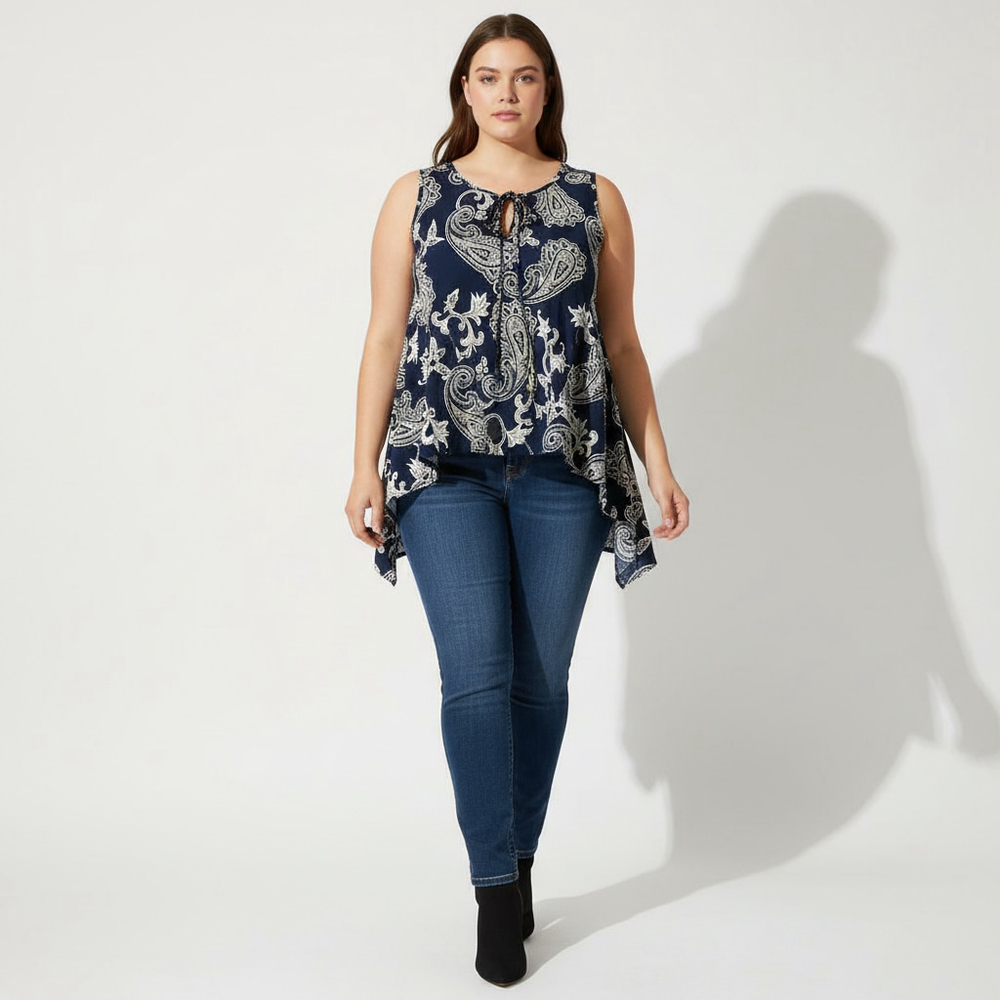 Women Plus SJS Navy Paisley Print Sleeveless Tie Neck Top Size 1X